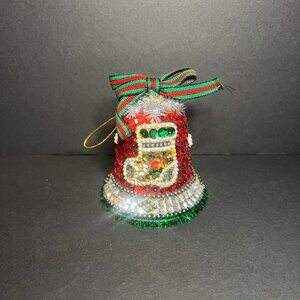 Vintage Red Green Silver Sparkly Sequin Stocking Bell Christmas Tree Ornament 4"